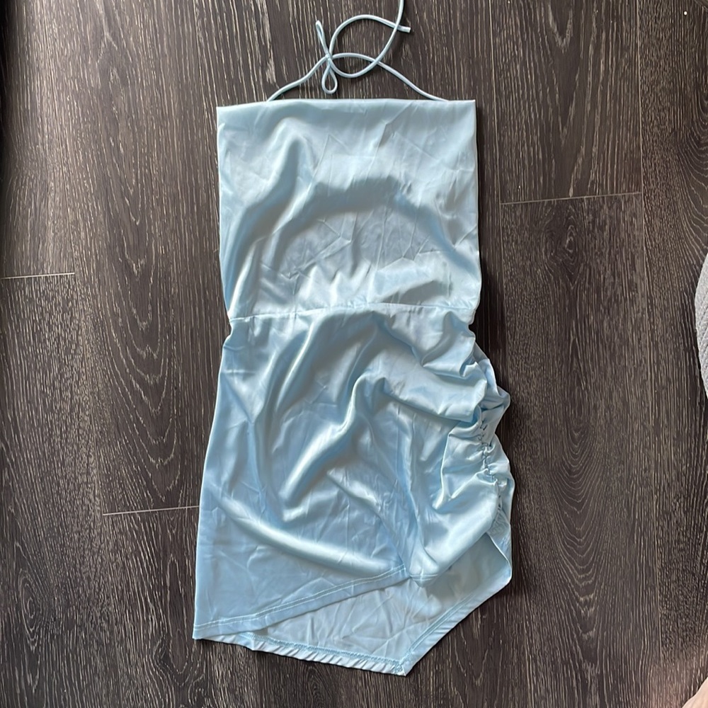 Cider Solid Cowl Neck Ruched Mini Dress, Large - Picture 7 of 8
